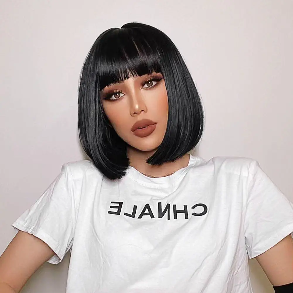 12' short bob black machine made elegant fashion synthetic hair wigs with bangs for women
