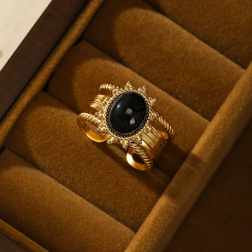 Винтажное Ретро ювелирное изделие из драгоценных камней регулируемое 18K позолоченное кольцо нержавеющей стали с гравировкой натурального камня для девочек