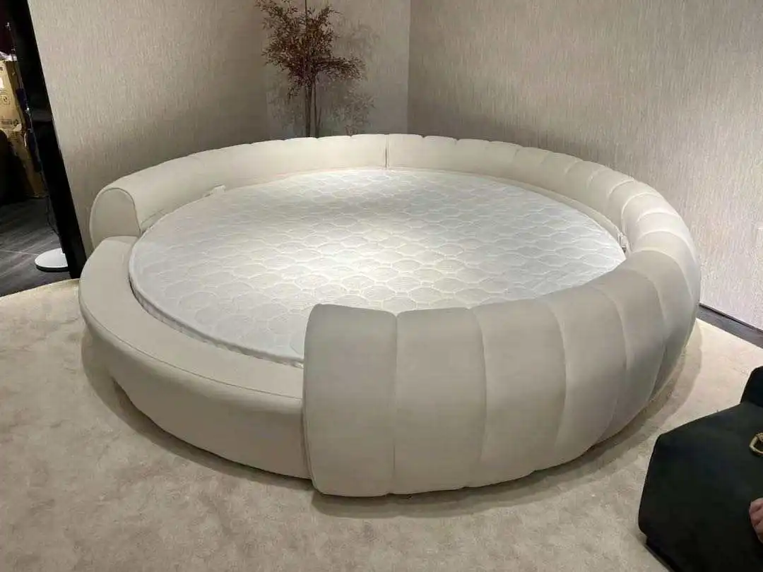 Italian modern Luxury Puff Cream lit rond round rotating circle Bed king size mattress Ins Luxury Soft Senna Round Bed frame
