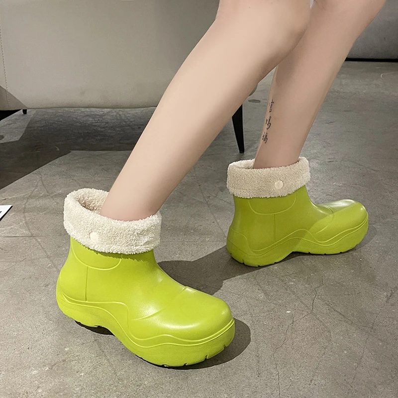 terry fleece inside fur boots jelly ankle eva rain boots woman waterproof fashion ladies shoes with fur