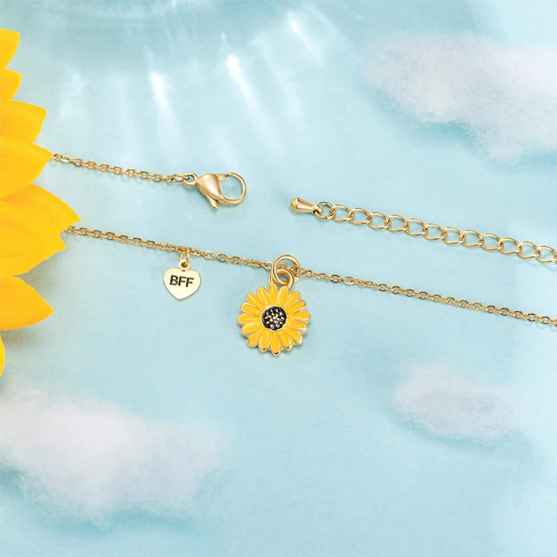 BFF Sunflower Necklace for 2 Best Friends Heart Pendant Gold Chain Necklace Friendship Jewelry