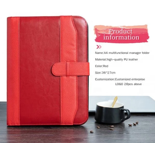 Custom Red PU Leather Snap A4 Document Folder,Padfolio With Calculator for Promotion Gift,Zippered Padfolio For Women Leather