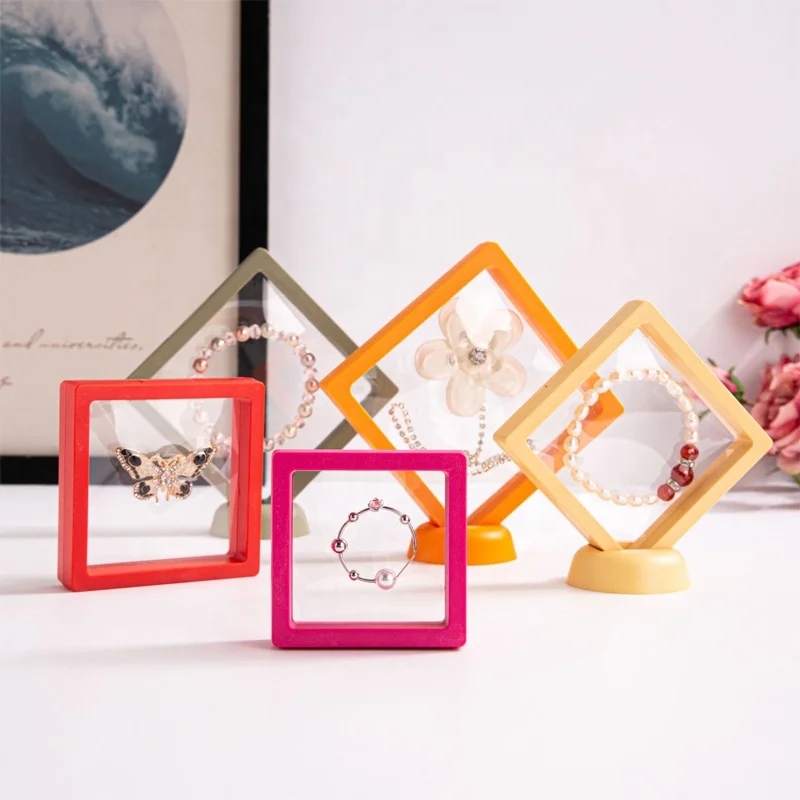 Clear PE Film Packaging Box Case Custom 3D Membrane Floating Frame Holder Stand Necklace Floating Jewelry Display Box