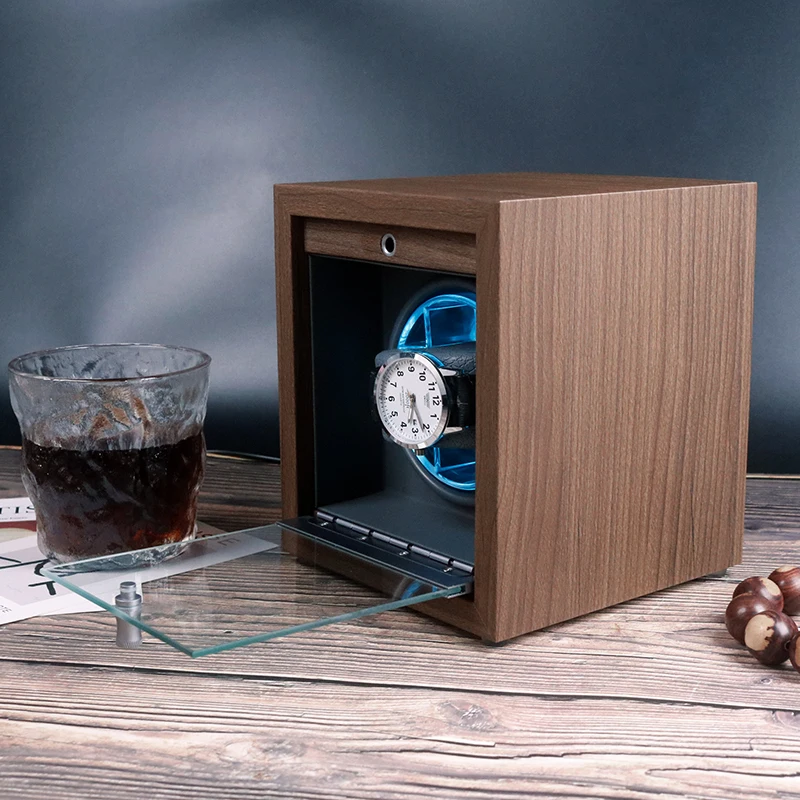 Wholesale Walnut Luxury Led Safe Watch Winder Tpd Wood Grey Single Automatic Watch Winder Gyroscope Cabinet Rotating Watch Case