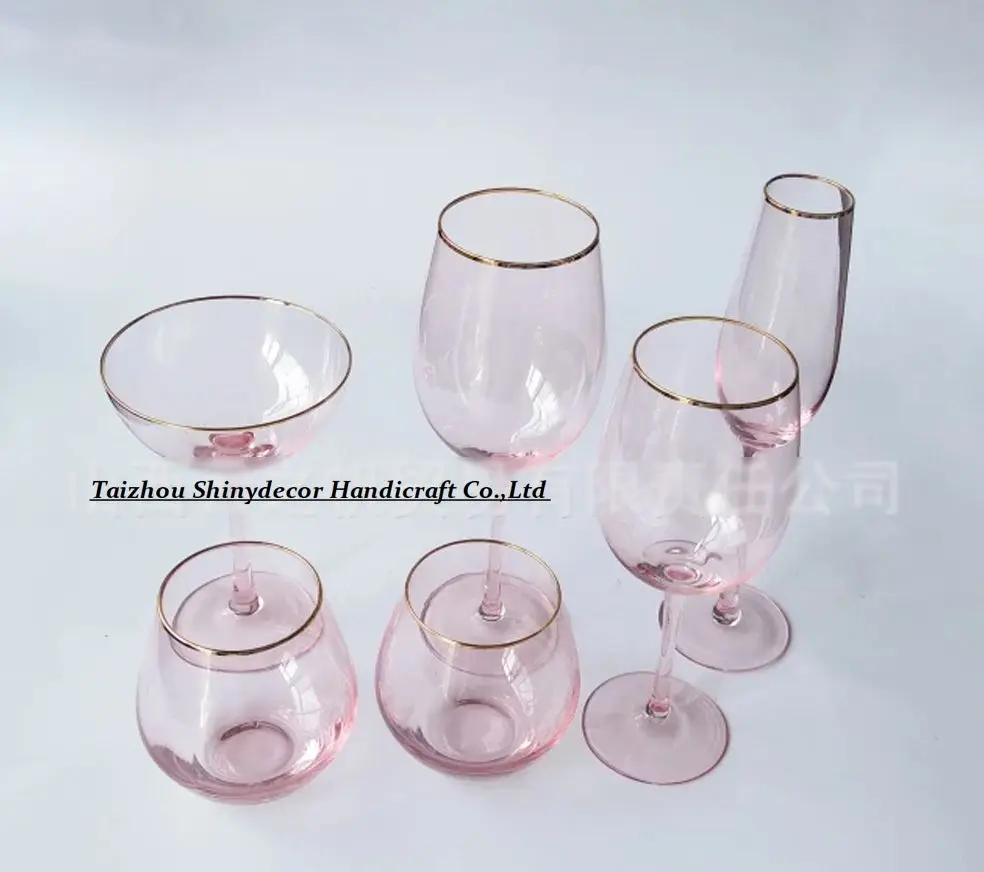 SJB021 New Pink color gold rimmed sparking crystal wine glass cups set for bars restaurants