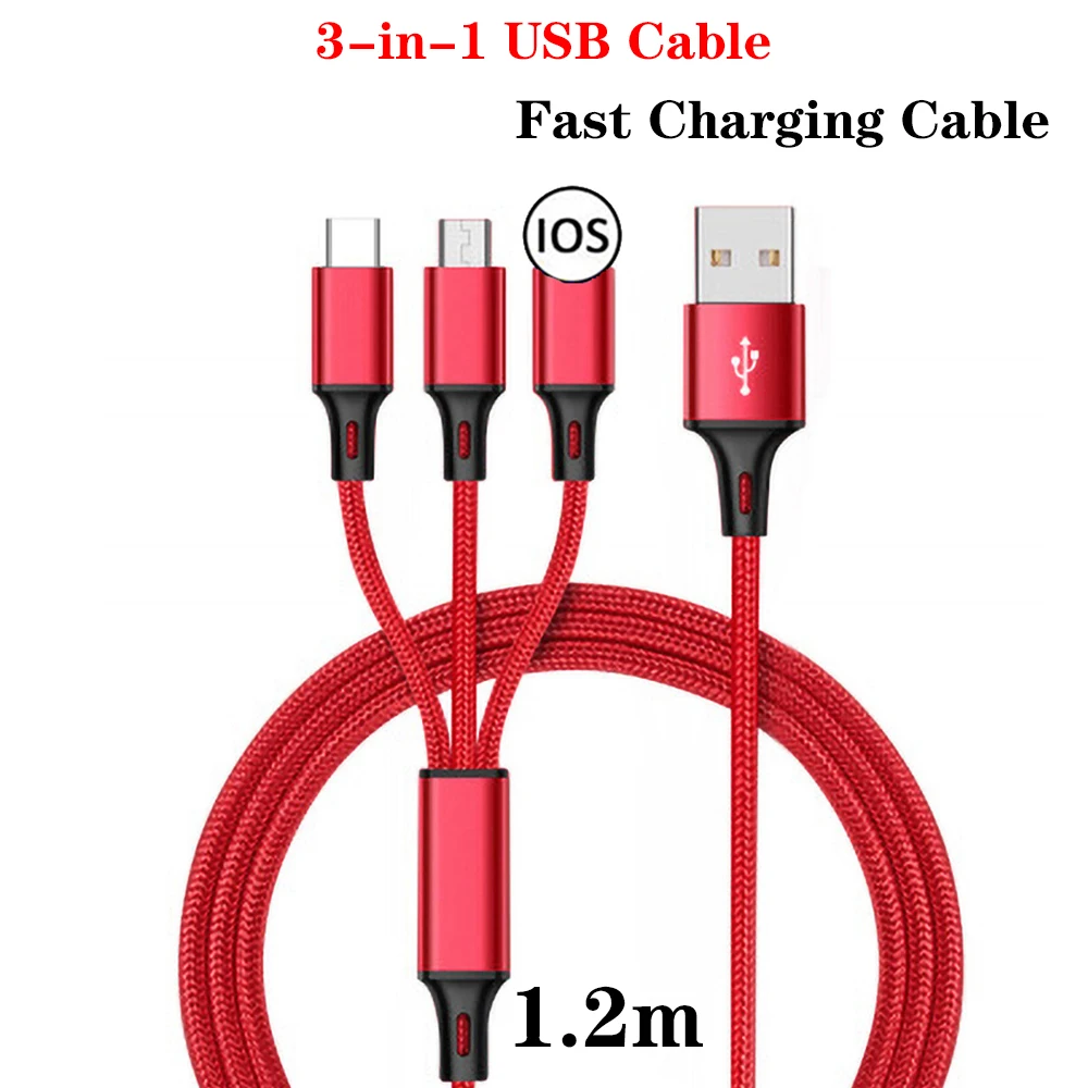 2022 Hot sell  1.2M 3 In 1 Micro USB Type C Charger Cable Multi Usb Port nylon braid Usb Charging Cable For Mobile Phone Cables