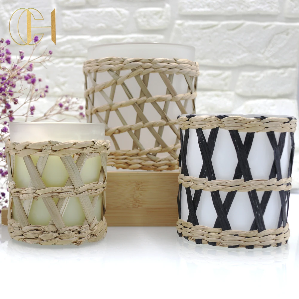 C&H Hand-Woven Seagrass Glass Candle Weaving Wrap Scented Soy Candle Soy Wax Scented Crystal Healing Stones Scented Candles