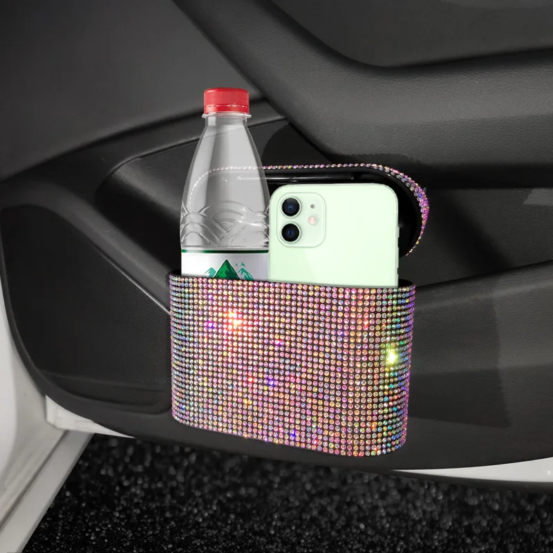 Luxury Fashion car interior storage bag car trash can advanced color diamond press type small car organizer trash box