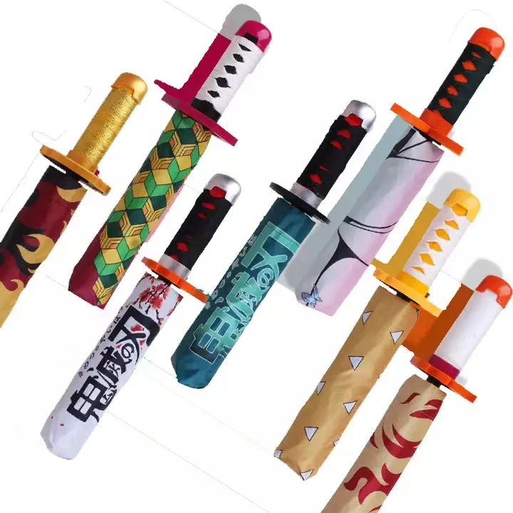 XM 7 Styles Eight Bones Umbrellas Demon Slayer Kimetsu no Yaiba Three Folding Gift Katana Anime Umbrella Swords