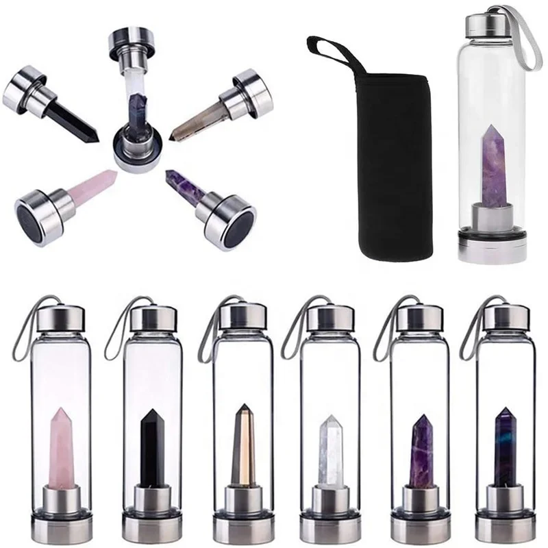15 OZ Real Quartz Crystal Glass Water bottle with Removable Changeable Natural Healing Gemstones Eco-friendly and Relaxing Gifts