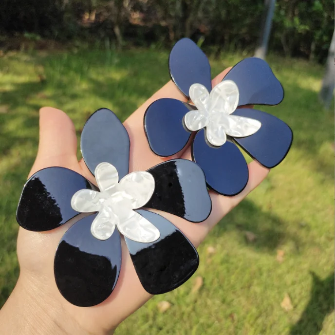 Trendy Black Exaggerated Acrylic Acetate Resin Large Flower Drop Earrings for Women Holiday Party Statement Jewelry