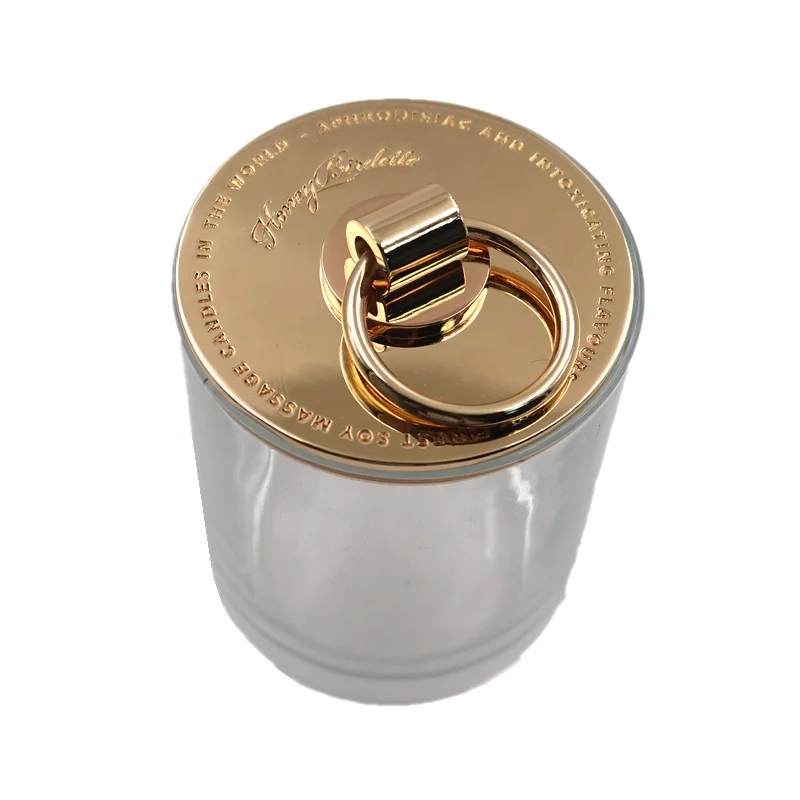 New design High quality custom logo gold silver color metal zinc alloy candle glass jar cup lid with ring