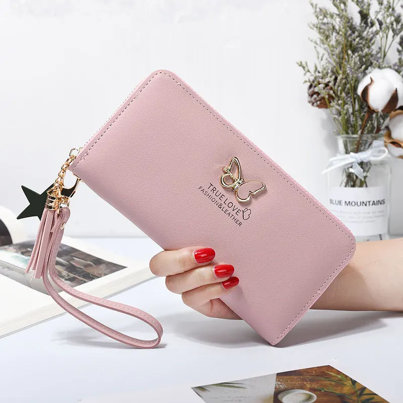 2019 New Style Fashion Versatile Large Capacity Butterfly Long Zipper Wallet For Women With Handle Belt,Lady Cell Phone Bag
