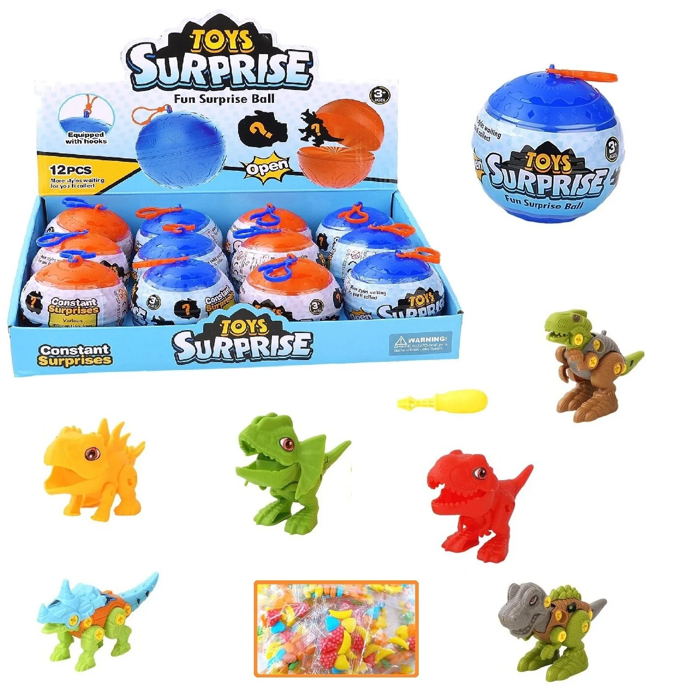 DIY educational assembling dinosaurs  plastic round shape blind box toys surprise egg toy with building block