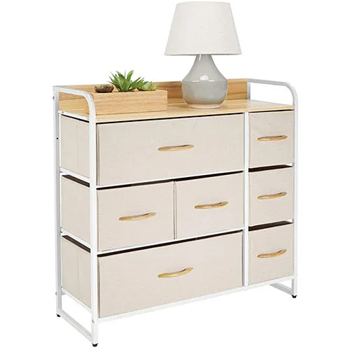 
Wide Dresser Storage Chest, Sturdy Steel Frame, Wood Top & Handles, Easy Pull Fabric Bins 