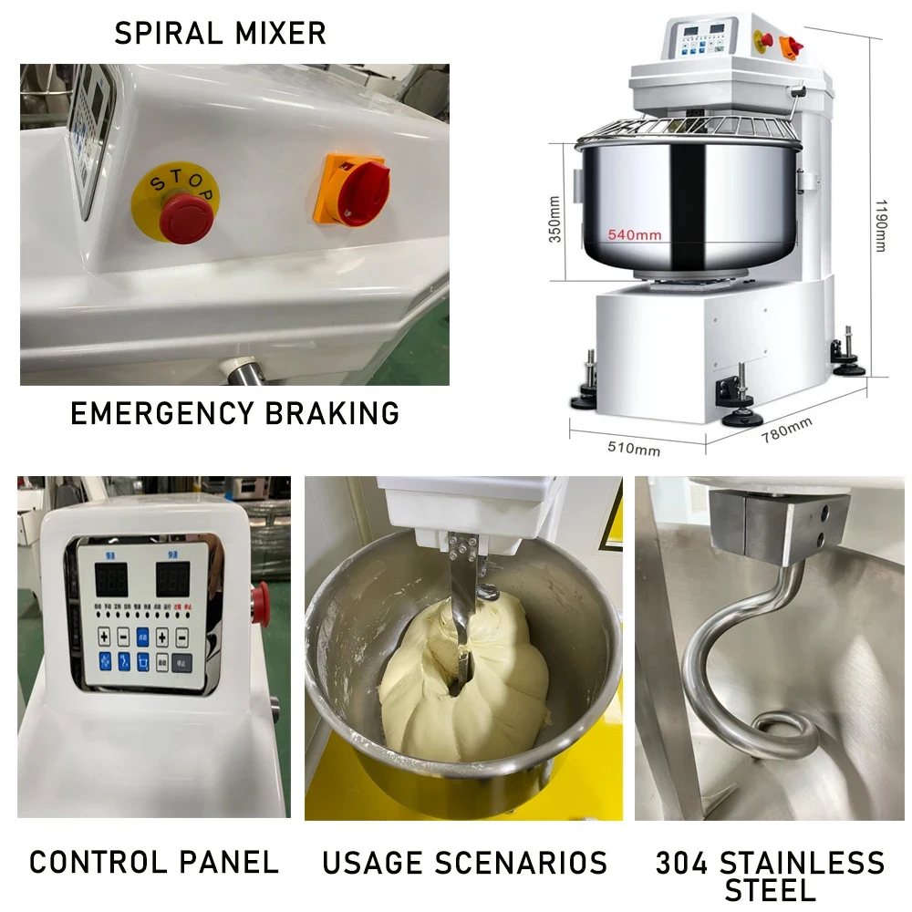 Flour Mixer Industrial Dough Kneader 100kg Wheat Flour Spiral Dough Hook Mixer Bakery Price