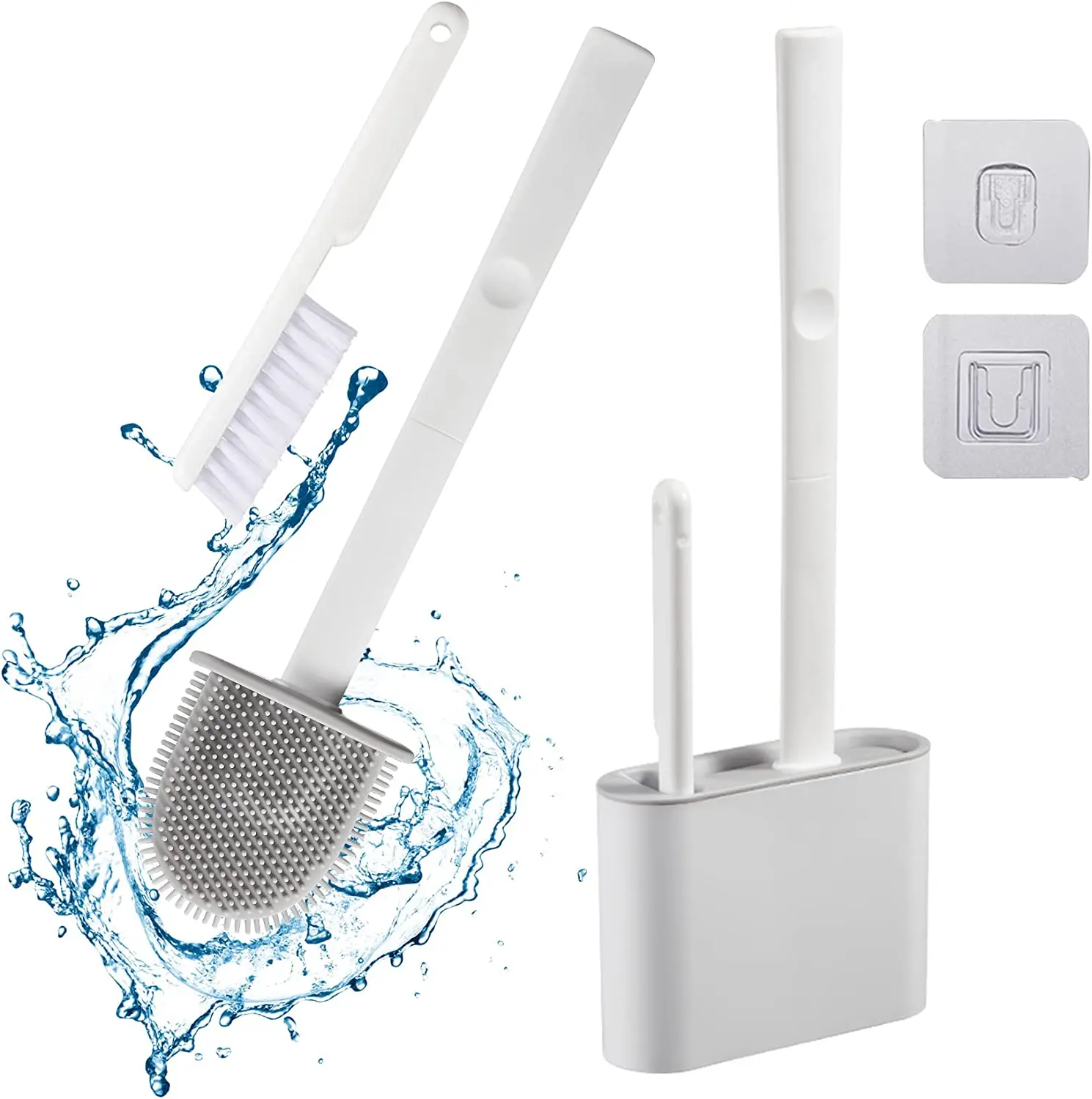 Silicone Toilet Brush and Holder Set Toilet Bowl Scrubber with Silicone Bristles Flat Flexible Wall Toilet Brush Holder