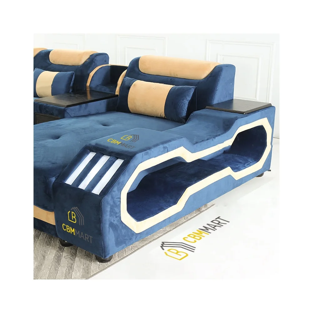 CBMmart Velvet Fabric Living Room Leather Sofa Couches Furniture LED Light USB Charge Loudspeaker Sofas Set