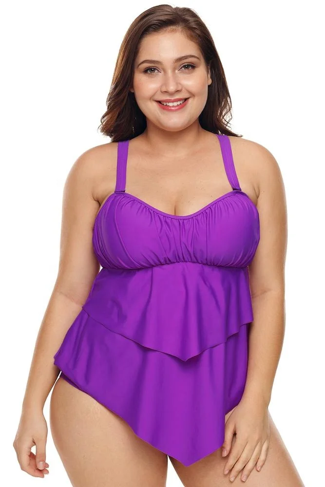 M-3XL New Elegant Purple Bikini Set Solid Color Pleated Detail Plus Size Two Piece Swimsuit Large Size Swimwear