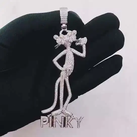 ins necklace men European and American hip-hop pink panther pendant micro-encrusted zircon real gold jewelry