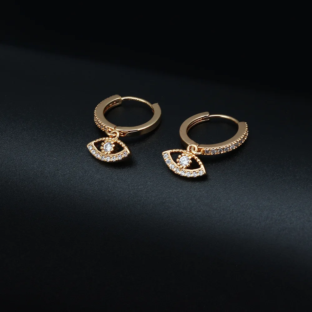 PJ-C570 Vintage Real Gold Plated Brass Drop Earrings Micro Set Zircon Blue Eye Evil Earrings