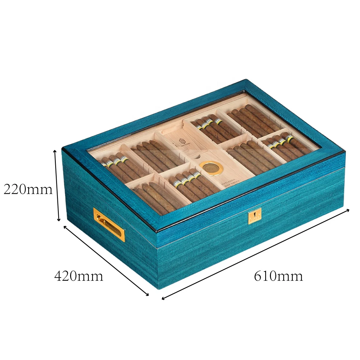 Blue Piano Coating Transparent Top wood Lined Storage Box Spanish Cedar Tray Divider cigar cases/humidors  cabinet with lock