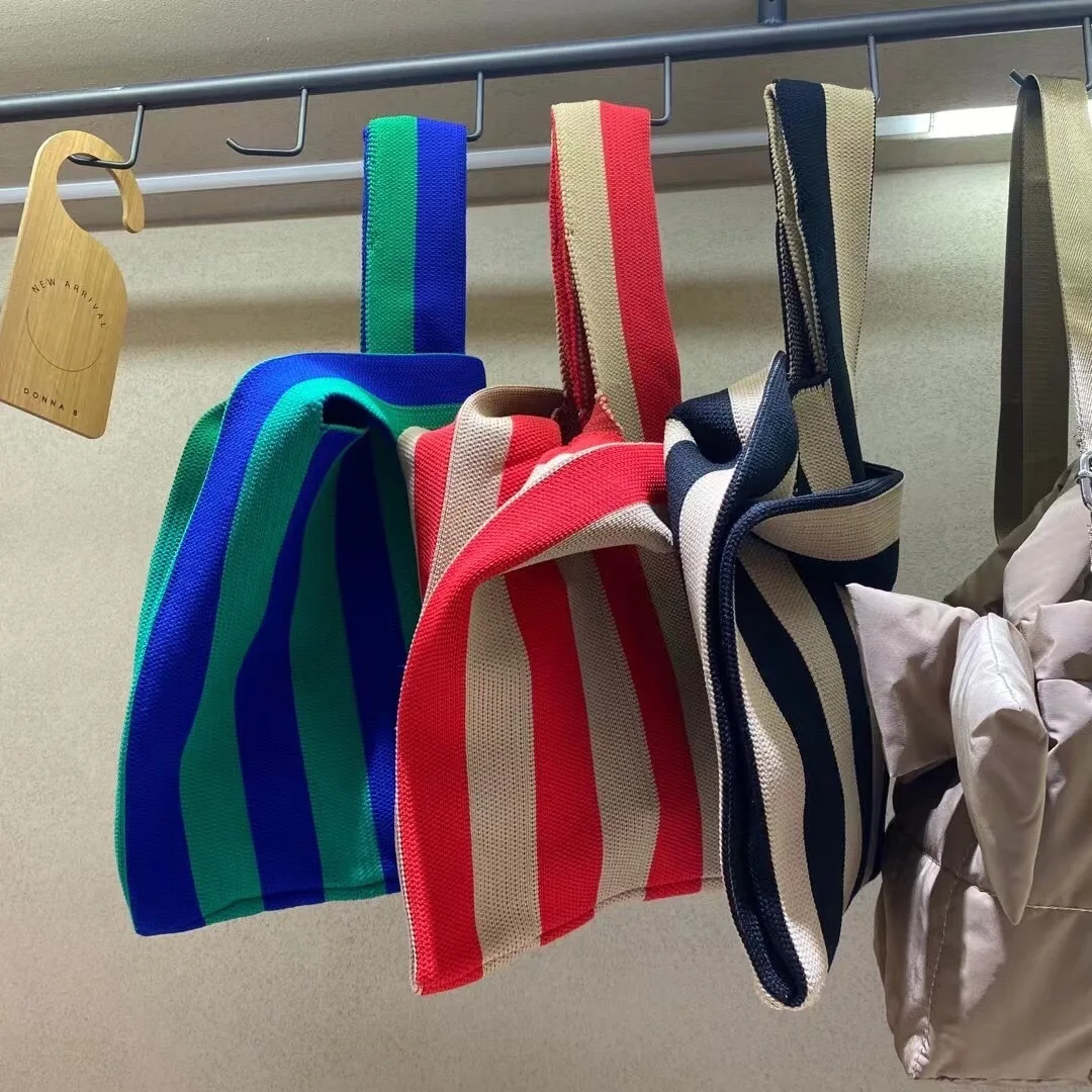 Custom Women Wool Knitted Stripe Bags Fashion Knitted Tote Bag Striped Pattern Crochet Handbags