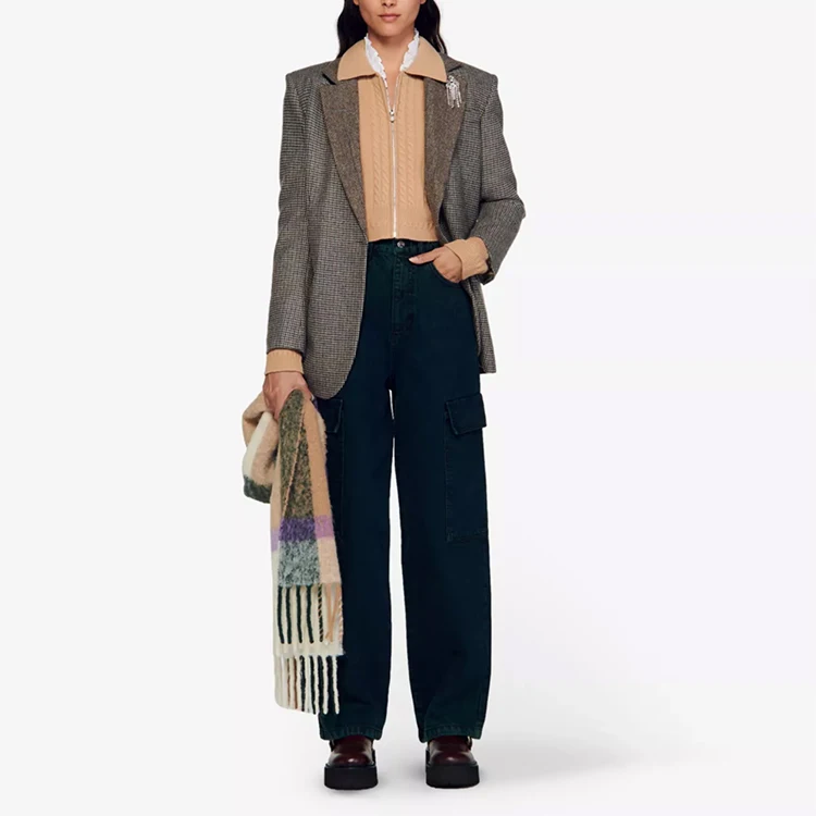 knitwear manufacturer custom spring autumn brown polo collar long sleeve zipper cable knit wool sweater women