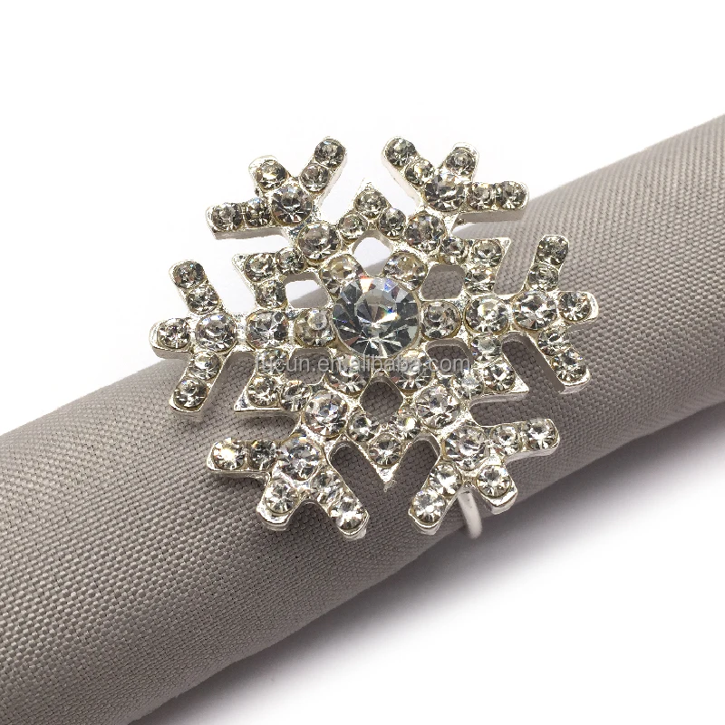 Wholesale gold coated metal crystal rhinestone Christmas wedding snowflake napkin rings