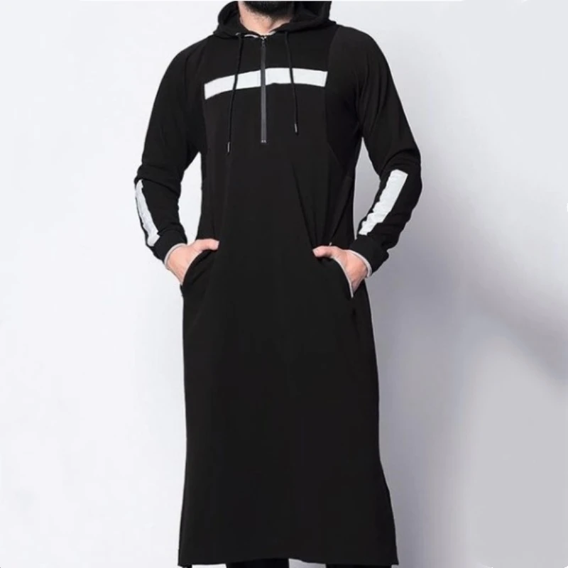 Long Hoodie Men Patchwork Islamic Muslim Men Autumn Pocket Pullover Arab Robe