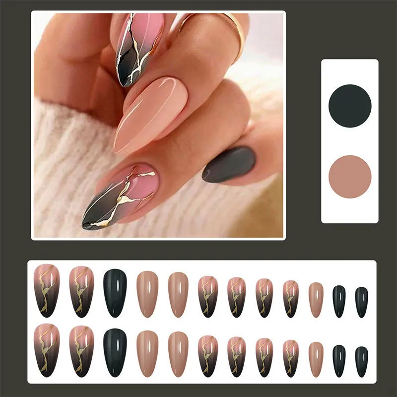 Almond Press on Nails Medium French Tips Fake Nails Matte Acrylic False Nails with Gold Foil Designs Full Cover Gradient Color