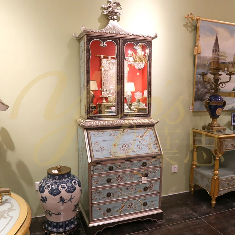 Yips LDF-1210-0319/LDC-1211-0032 European Style Handpainted Floral Pattern Antique-look Secretary Bookcase