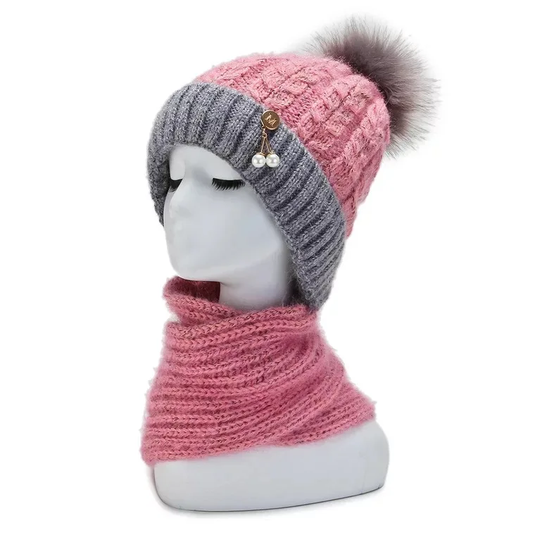 Low MOQ high quality windproof women warm knitted ear protector thickened scarf integral hat
