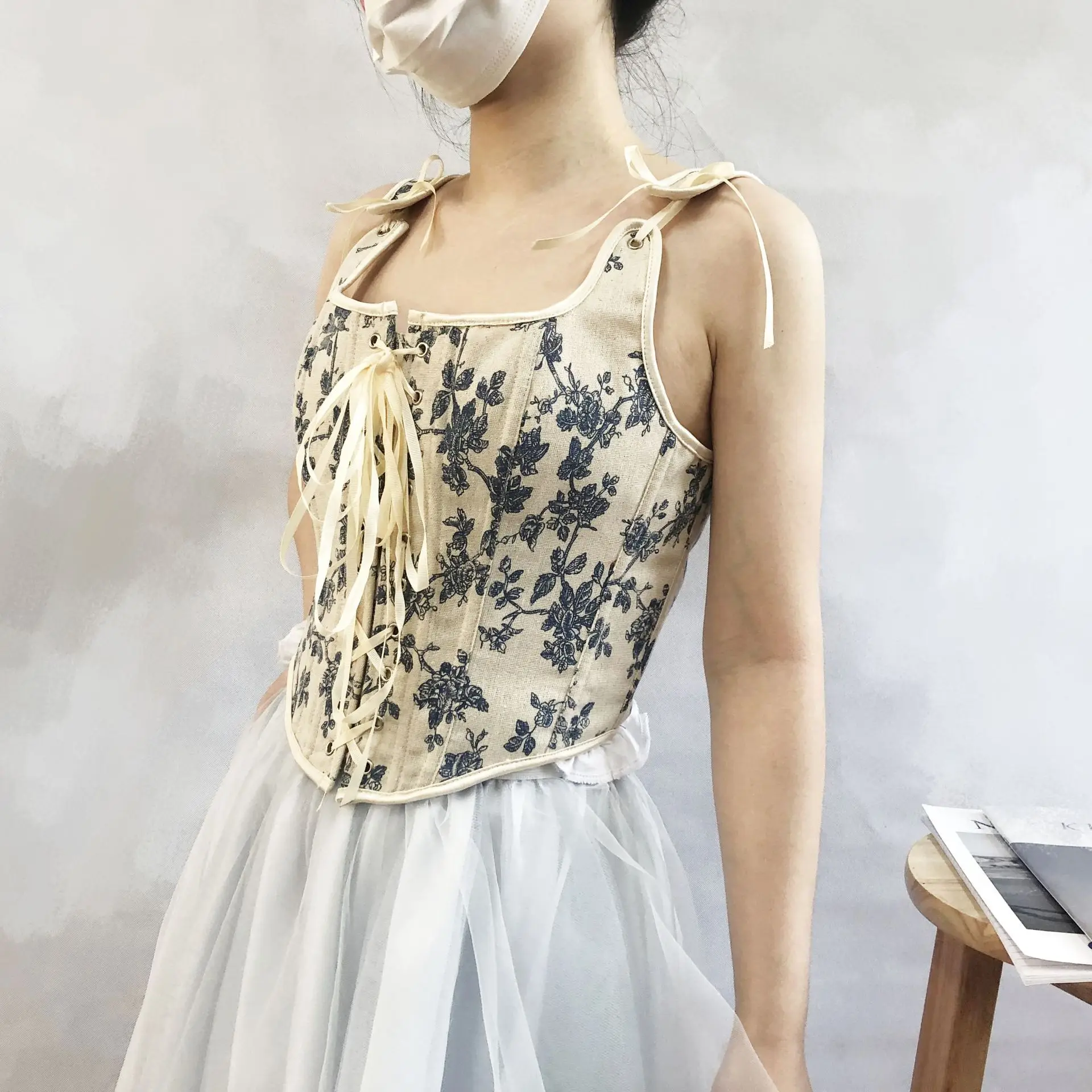 Women Elegant Designer French Vintage Print Bustier Tops Chic Bandage Floral Corset Sexy Style Party Club Ladies Top