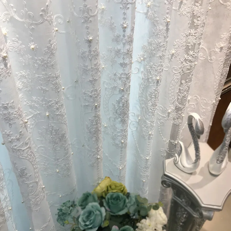 Sheer European Style Embroidered Room Voile Ethiopian Designer Linen Curtain Cloth White