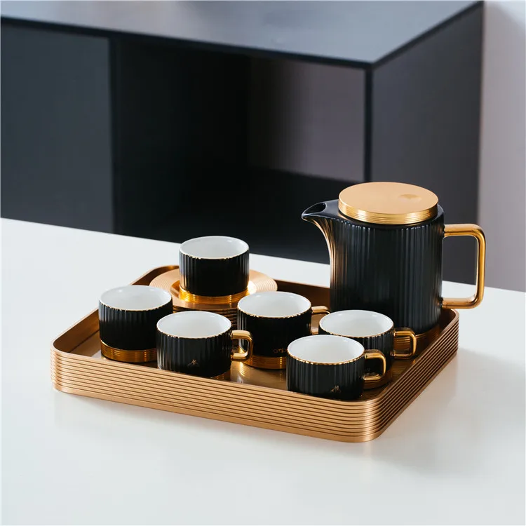Wholesale luxury gold plating afternoon tea ceramic kettle water jug porcelain coffee cup saucer tea set with pot and tray