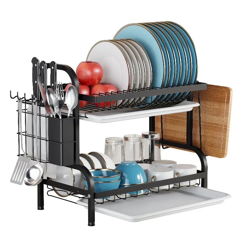 Hot Selling Carbon Steel Black 2 Tier Tableware Dish Drying Drainer Dryer Rack with Cutlery Holder