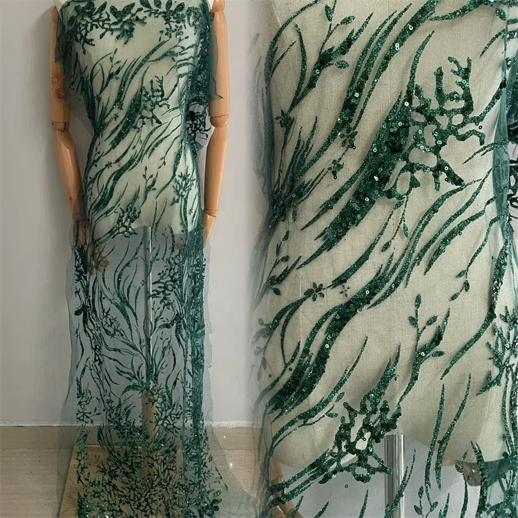 New emerald green sequin lace glitter mesh tulle fabric for evening dress