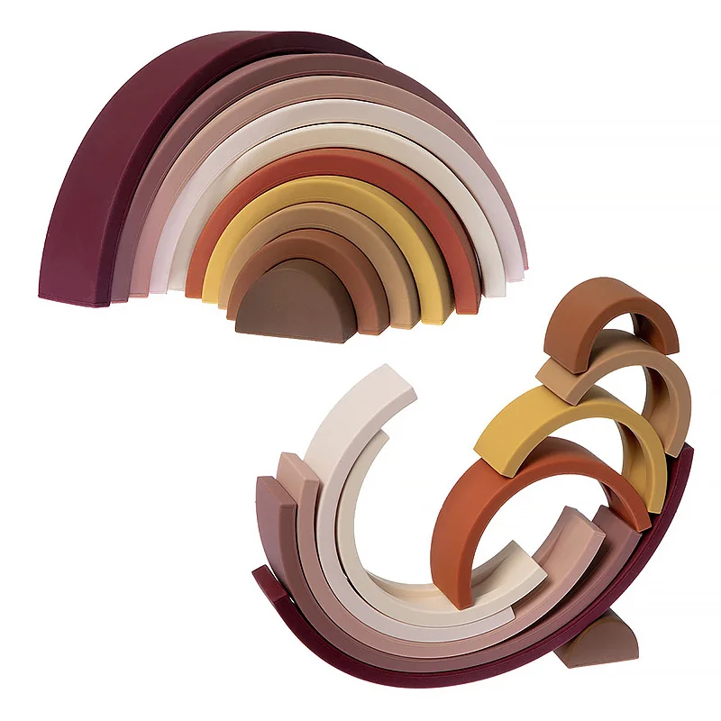 Hot Selling 10 Layers Brown Rainbow BPA Free Food Grade Silicone Building Blocks Baby Teething Kid Toddler Rainbow Stacking Toys
