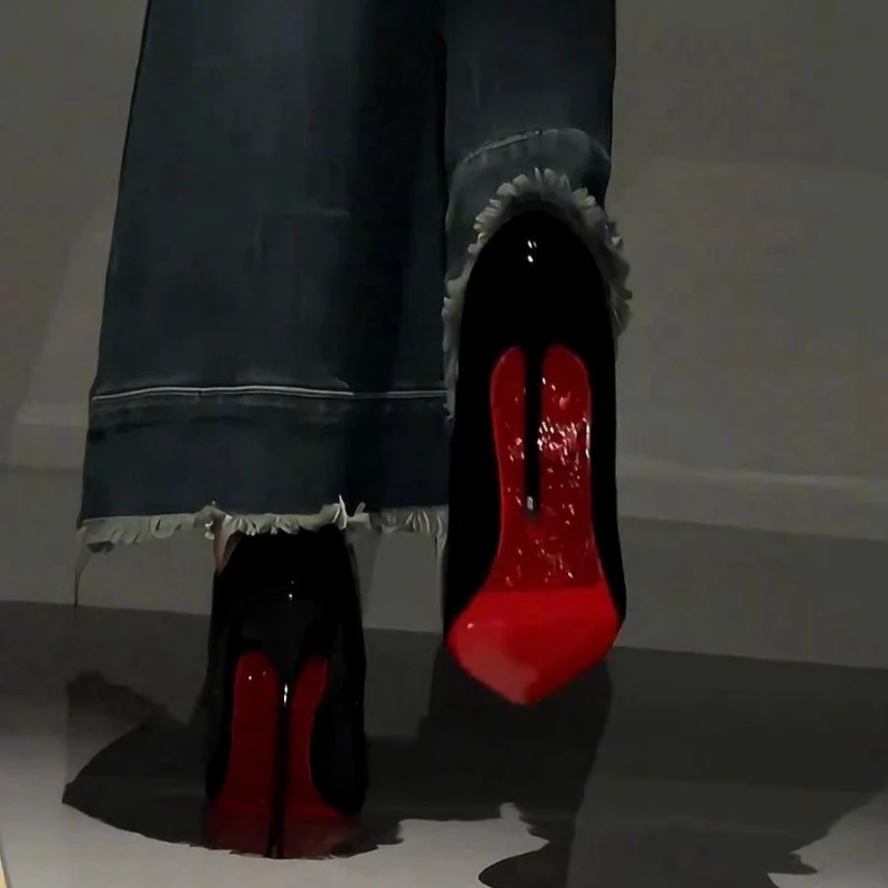 Red sole rhine-diamond high heels women feel fine with black patent leather all matching temperament beauty pointy single shoes