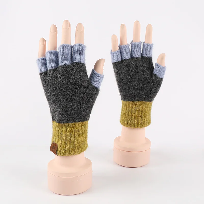 Wholesale Unisex Fall Winter Fingerless Mittens Thickened Stretchy Wool Knit Half Finger Cycling Gloves