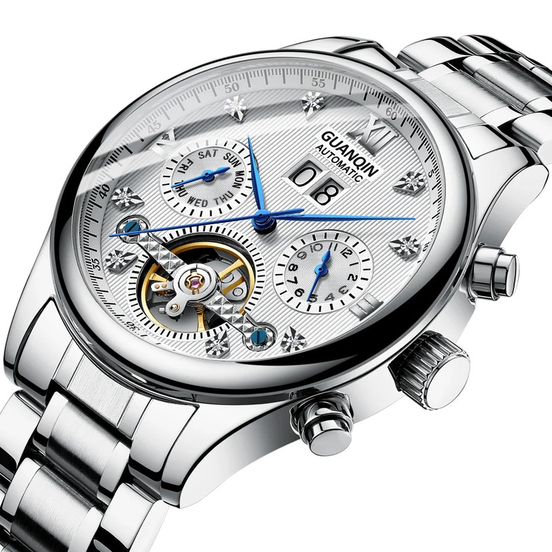 Top Brand GUANQIN Men Business Automatic Mechanical Watch Waterproof Wrist Watches Stainless Steel strap