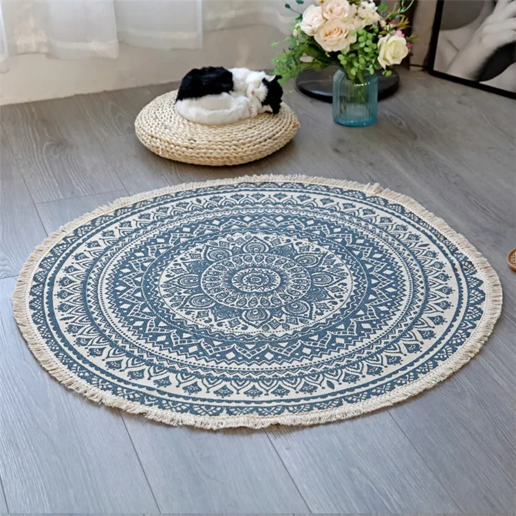 Bohemian Mandala Round Carpet Living Room Bedroom Cotton Line Round Rug Carpet 90x90cm Area Rug Retro Floor Carpet