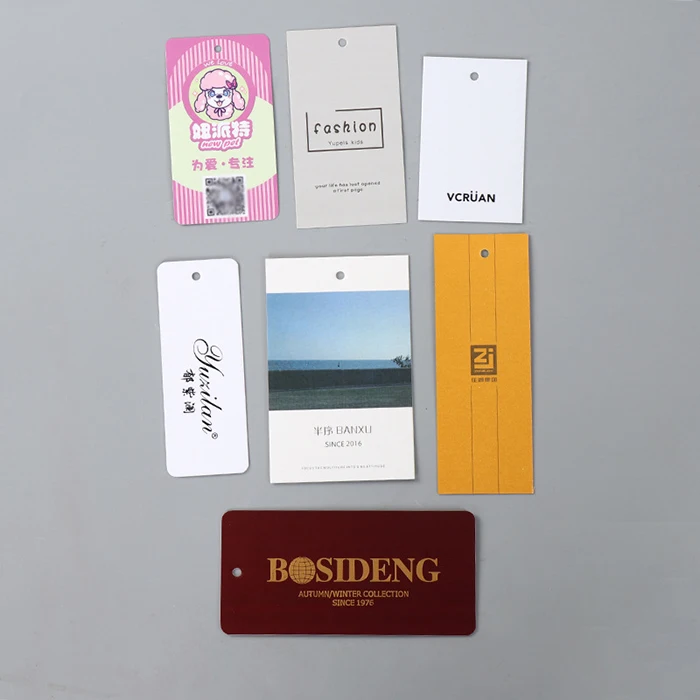 Printing Design Jeans Labels for Apparel Coated Paper Kraft Labels Hang Tag with Barcode QR Code for pants, Tshirt, garment