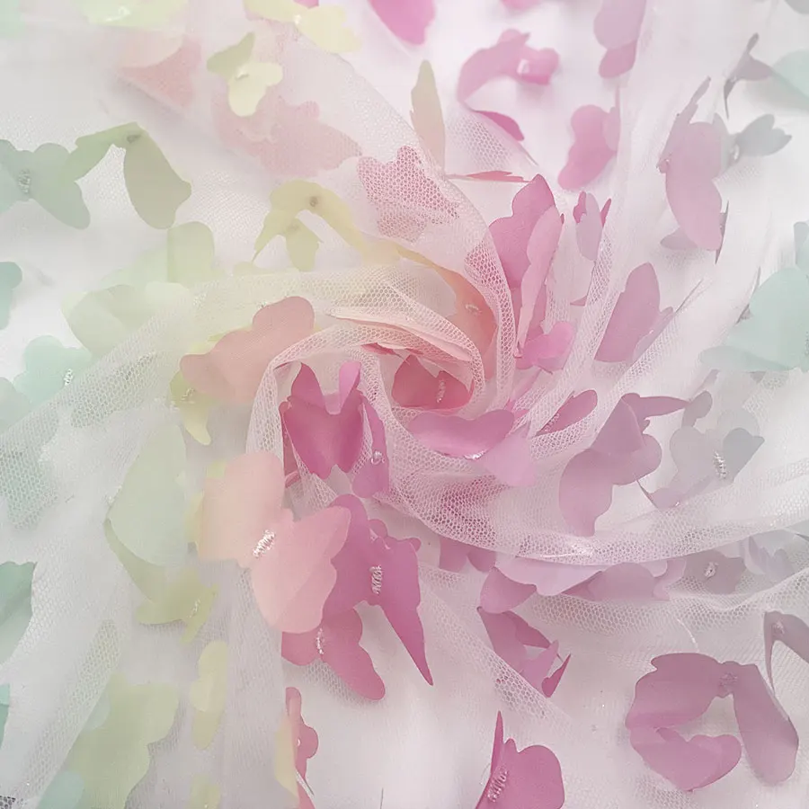2021 Custom design dress material 100%polyester gradient row applique tulle sheer 3D multicolor butterfly mesh embroidery fabric
