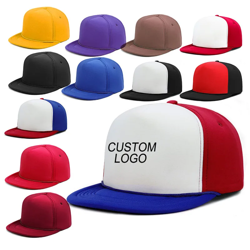 HN14 High crown profile plain color blank 5 panel flat brim foam custom golf trucker hat with rope