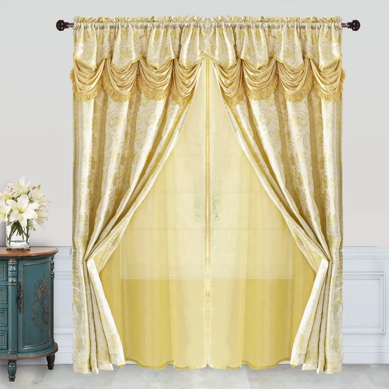 Multi-color luxury design jacquard window curtain panel with attached waterfall valance taffeta backing included for home