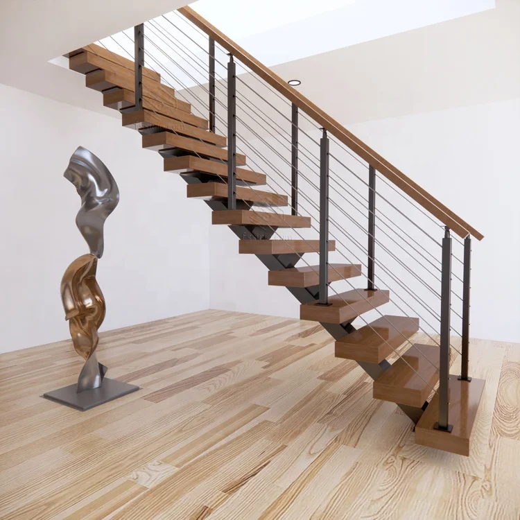 Mono metal stringer floating stairs system with cable railing and  timber treads meet with USA/ European building  code