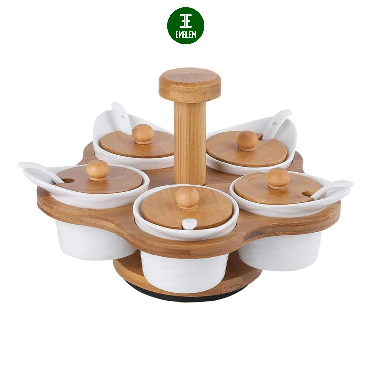 Ceramic Condiment Jars Set with Spoons & Bamboo Lids Spice Pots Containers with Rotatable Wooden Serving Rack