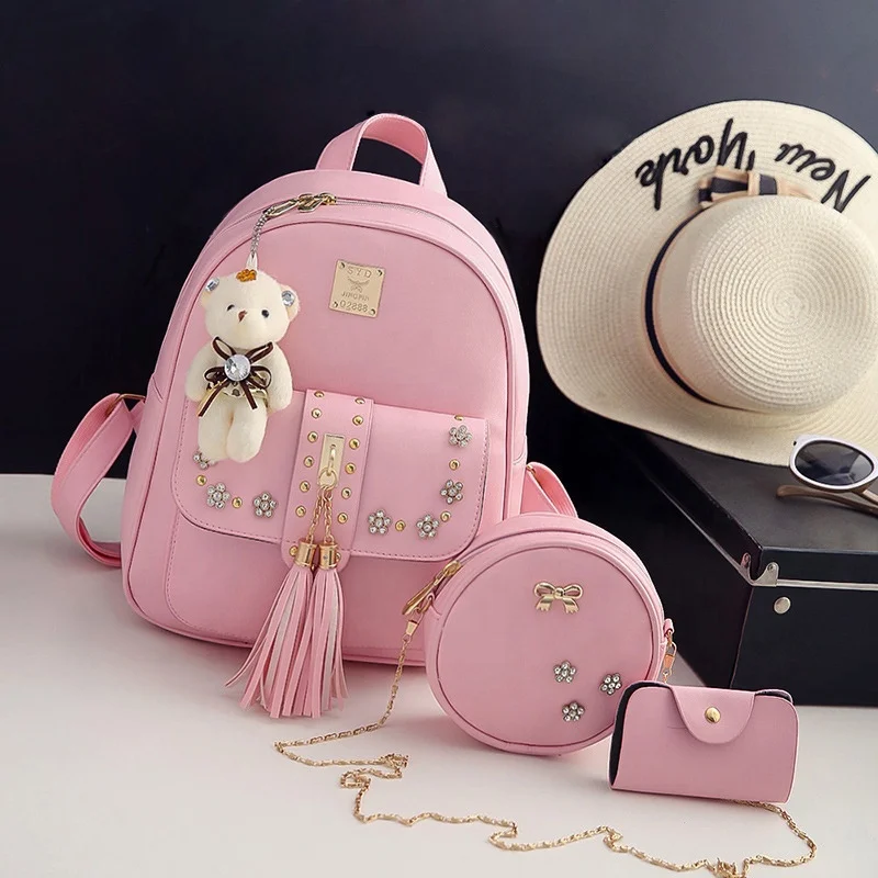 Wholesale Korean style Pu inlaid diamond 3 sets Girl School trolley bag Backpack